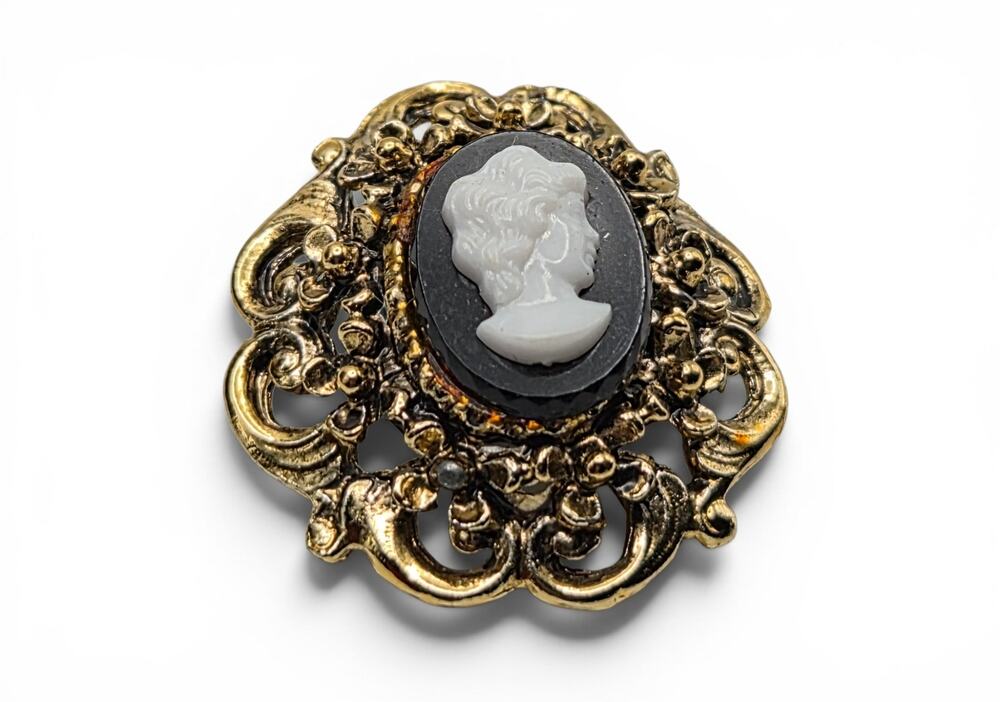 Vintage Cameo Filigree Brooch Gold Tone Black White Lady Portrait
